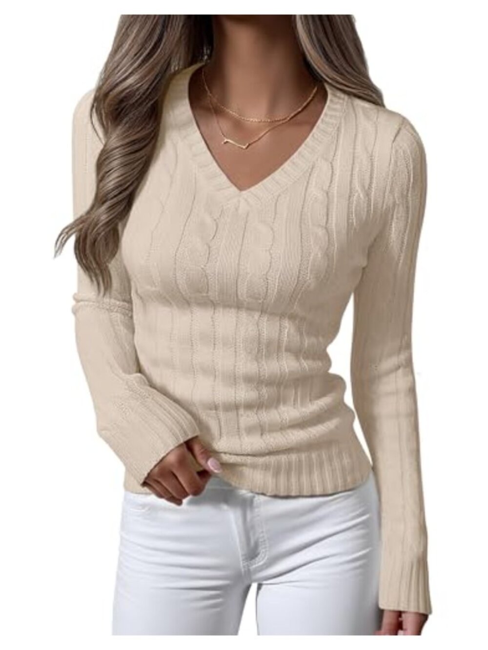 Cable Knit V Neck Long Sleeve Fitted Sweater Top
